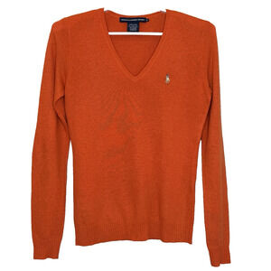 Ralph Lauren Sport V-Neck Sweater Women's Size Medium Orange Merino Wool Blend